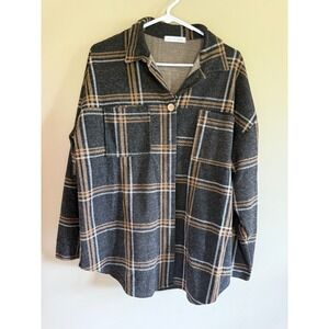 Chris & Carol Plaid Shacket Womens Small Charcoal Grey Tan Oversized Jacket